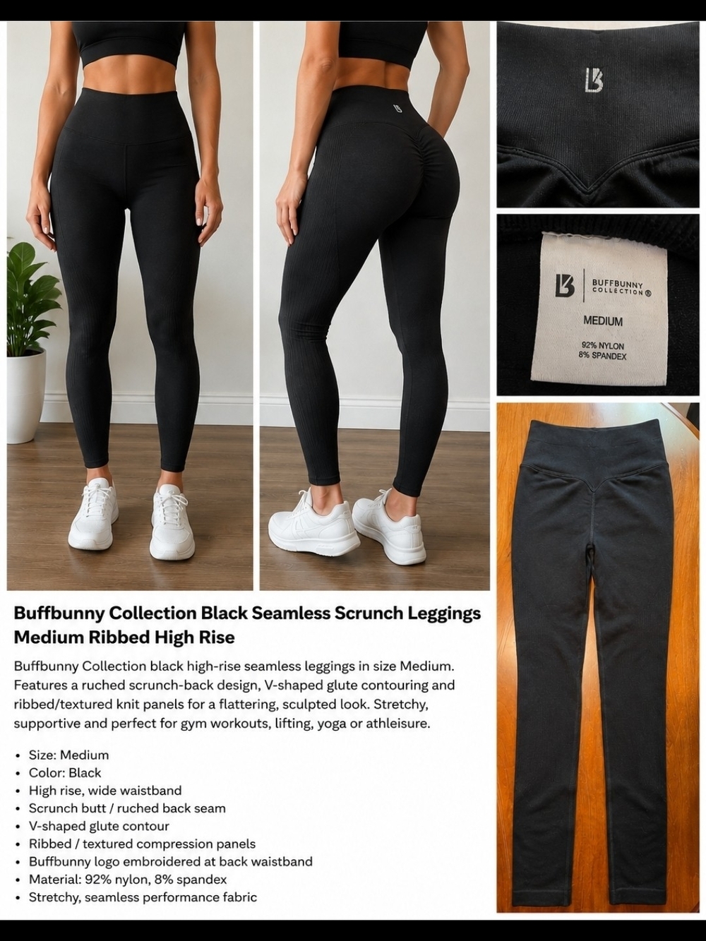 Buffbunny Collection Black Seamless Scrunch Contouring Leggings Medium Ribbed